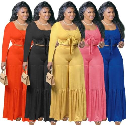 Echoine Long Sleeve Lace Up Crop Top Wide Leg Pants Set Tracksuit Two Piece Set Vintage Elegant Pants Set Outfits Party Clubwear