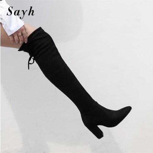 2020 Winter Women Over The Knee High Boots Lace Up Thick High Heels Faux Suede Thigh Boots Shoes Size Plus 34-45