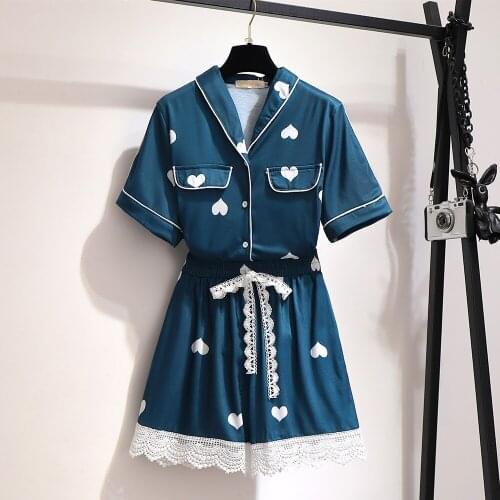 Women plus size Pajamas 2 Pieces Sets lace patchwork printed Sleepwear Home Wear summer short sleeve top + shorts set 5XL jc265