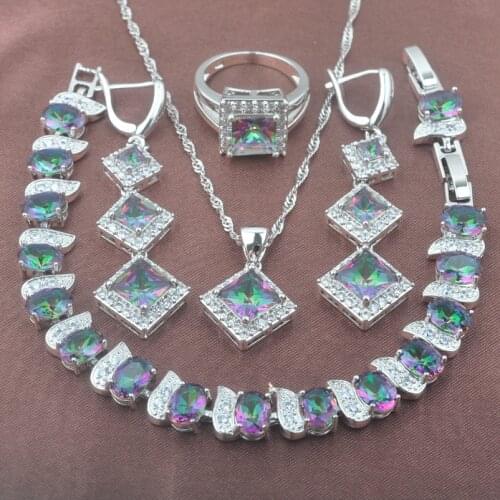 Squzre Design Jewelry Sets For Women Multicolor Rainbow Zirconia Bracelet Ring Earrings And Necklace Set YZ0580