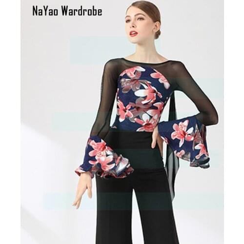 2021 New 2110 Lotus Sleeve Floral Design Female Latin Dance Bodysuit Women Performance Modern Dancing Tops Latino Dancewear