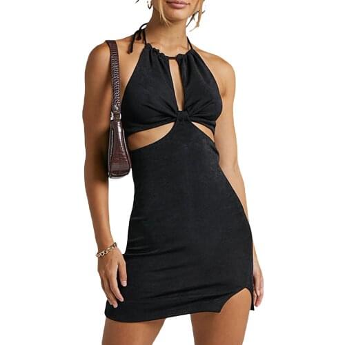 2021 Summer Women Fashion Halter Backless Dress Ladies Stylish Sleeveless Hollow Out Solid Color Dress