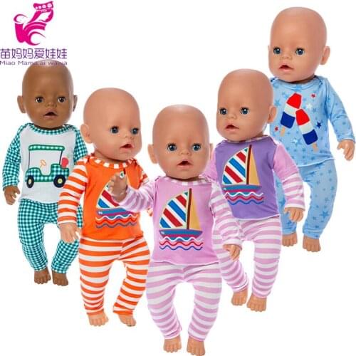 17 Inch Baby New Born Doll Clothes Pants Suit Cute Cartoon Car Boat Pattern 18 Inch Doll Clothes Soft Home Pajama Set