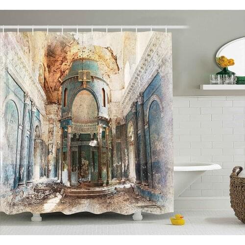 Antique Shower Curtain Old Ancient Renaissance Era Architecture with Columns Artwork Print Bath Curtain With Hooks For Bathroom