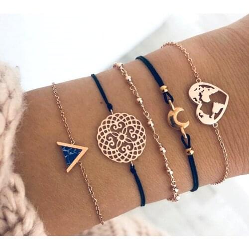 5PCS Bohemian Bracelets Set Map Shape Triangle Alloy Moon Chain Charm Bracelet