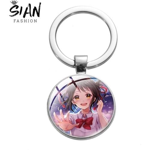 SIAN Anime Your Name Keychain Tachibana Taki Miyamizu Mitsuha Pendant Key Holder Round Glass Metal Keyring Men Women Accessories