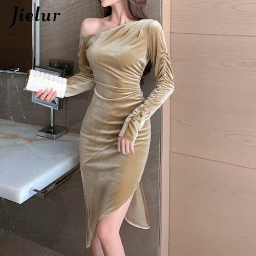 Jielur Elegant Long-sleeved Slash Neck Womens Dresses Inclined Shoulder Champagne Dress Femme Satin Bodycon Party Midi Dresses