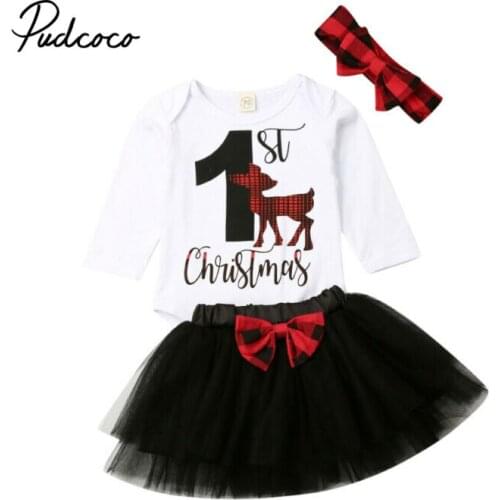 Toddler Kids Clothes Sets Infant Baby Girls Bodysuit Letter Print Long Sleeve Tops Tutu Skirt 1 st Christmas Deer Outfits Set