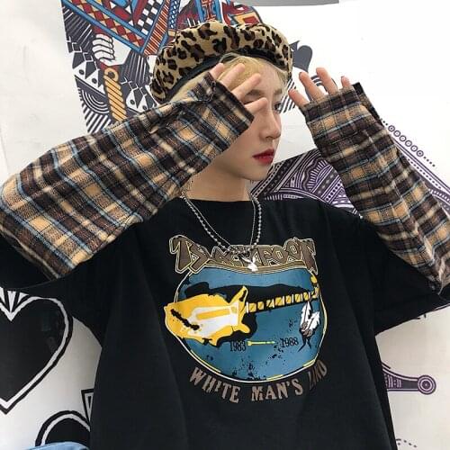 Korea INS Harajuku bf casual retro street stitching plaid print Sweatshirt Oversize O-neck fake two piece men women tide tops