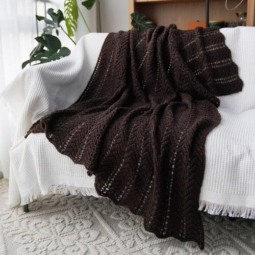 Cilected Brown Knitted Hollow Blanket Nordic Solid Color Leisure Blanket Summer Air-Conditioned Room Cover Blanket Bed End Towel