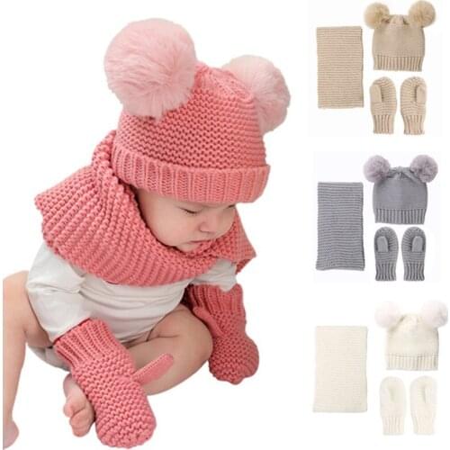 Cute Winter Kids Hat Scarf and Gloves 3 Piece Set 0-3T Toddler Baby Boy Girl Hat Skullies Beanies Knitted Children Hats & Caps