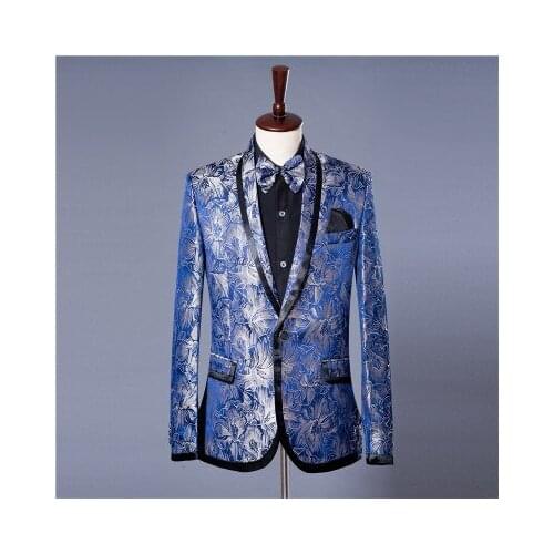 2019 Mens Classic Shawl Blue Floral Pattern Jacquard Blazer Slim Fit Designs Plus Size Singers Costume Jacket With Bow Tie