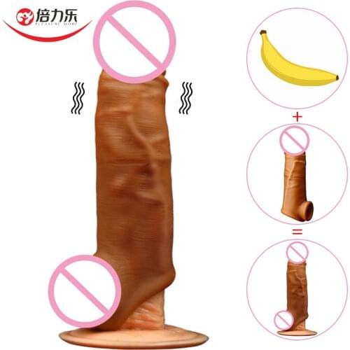 Male Penis Enlargement Sleeve Vibrating Glans Massage Exercise Realistic Dildo Soft Reusable Condom Adult Sex Toys for Couple