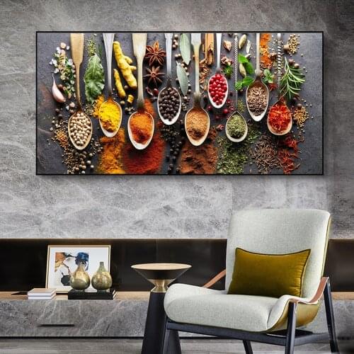 Kitchen Themed Wall Art Decor Colorful Spice and Spoon In Table Canvas Paintings Food Cooking Ingredients Canvas Art Print Decor
