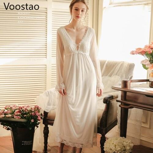 Spring Autumn Sweet Princess Dress Pajamas Women Sexy V-Neck Lace Tulle Nightdress Vintage Female Chic Long Sleeve Nightgowns