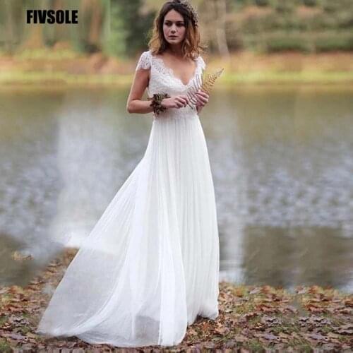 Fivsloe Deep V-Neck A-Line Chiffon Wedding Dresses Cap Sleeve Floor Length Covered Button Bridal Dress Formal Robe De Mariee