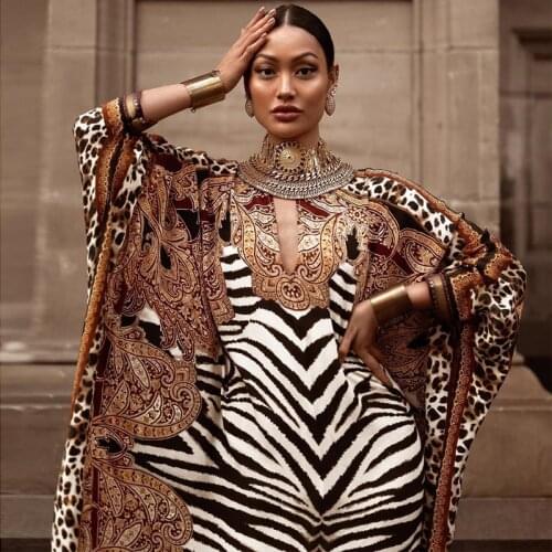 African Dresses for Women Plus Size Zebra Printed Dashiki Elegant Ladies Gown Muslim Abaya Kaftan Bat Sleeve V-neck Robes