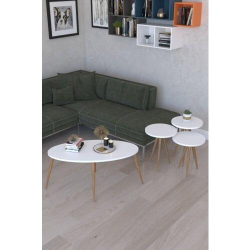 Modern 3'lü Round Zigon Coffee table, Serving Stand and Istanbul Center table-White coffe table table bassee