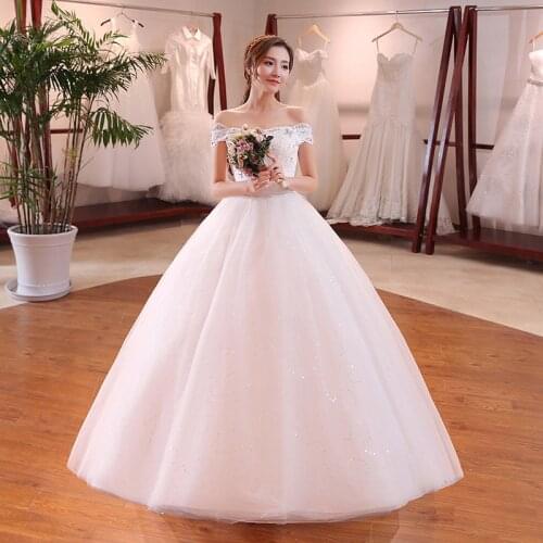 Wedding Dress Crystal Sequins Embroidery Off The Shoulder Floor-Length Boat Neck Tulle Plus Size Wedding Gowns for Women G088