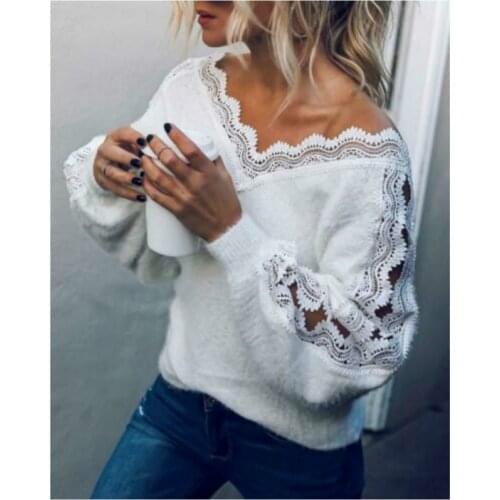 New Womens Sweater Winter Lace V-neck Pullover Jumper Autumn Spring Casual Fashion Loose Pure Color Sweater Clothing Tops