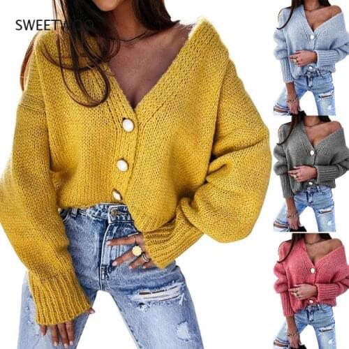 2021 Womens Clothing New Casual Loose Sweater Cardigan Pure Color V-Neck Button Knitted Ladies Sweater