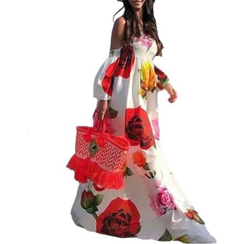 Women Dress Plus Size Sexy Off Shoulder Vintage Floral Print Maxi Dress 2021 Vestidos Flare Sleeve Boho Beach Summer Long Robe