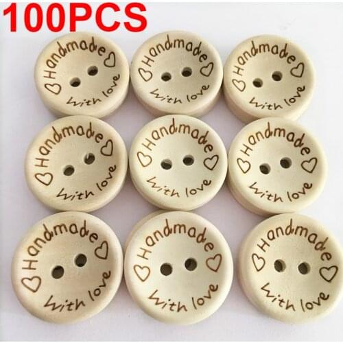 2Hole Natural Wooden Buttons handmade with love wood Button For Scrapbooking Craft DIY Baby Clothing Sewing Accessories 100pcs