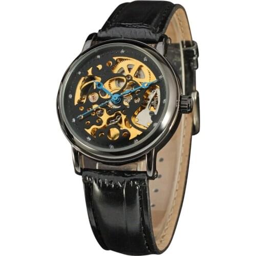 50pcs/lot winner-D296 black strap skeleton winner watch high quality leather mechanical watch wholesale hollow out winner watch