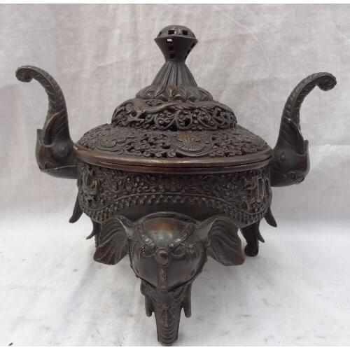 Bi001721 11"Tibet Bronze Dragon Elephant Statue Buddhism Auspicious Incense Burner Censer
