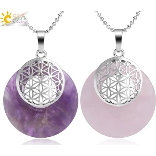 CSJA Natural Stone Flower of Life Pendant Necklace Reiki Amulets Hollow Out Circle Pendants Fit for Women Men Charm Jewelry G052