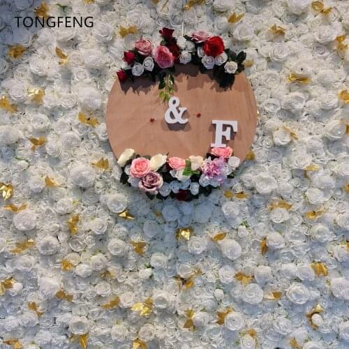 TONGFENG 4ft*8ft Fleurs Artificielles Silk Rose Peony 3D Roll up Flower Wall Wedding Backdrop Decoration runner White Gold