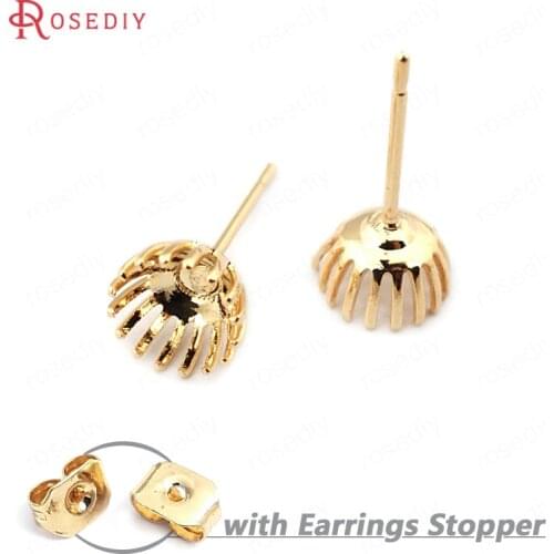33739)20PCS Trays 6MM 24K Gold Color Brass Flower Arc Trays Stud Earrings Pins High Quality Diy Jewelry Findings Accessories