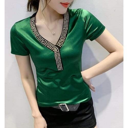 Summer Casual Diamond decoration T-shirt Short sleeve V-neck Top Women T Shirt Plus Size