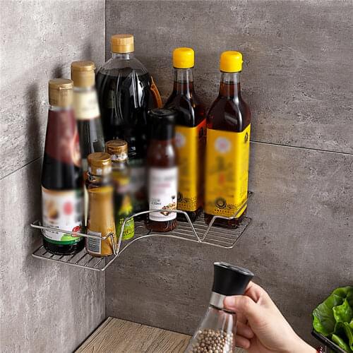 Wall Mounted Stainless Steel Spice Organizer Rack Triangle Corner Basket Kitchen Cabinet Seasoning Pepper Shaker Storage Holder