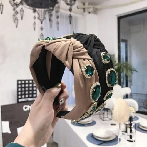 New Fashion Women Hairband Top Quality Emerald Rhinestone Headband Wide Side Gothic Style Hair Hoop Party Hair Accessories
