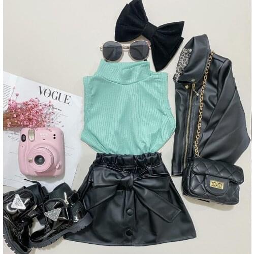 2-7Y Autumn Fashion Kids Girls Clothes Sets Solid Turtleneck Knitted Sleeveless Vest+Bowknot PU Leather A-Line Skirts Outfits