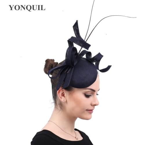 Fascinators Navy Blue Hat Women Large Brim Flowers Linen Royal Wedding Fedoras Ladies Sinamay Hats Kentucky Derby Party Fedora