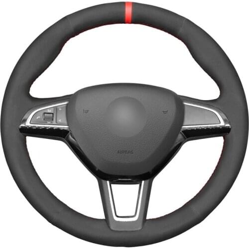 Hand-stitched Black Suede Car Steering Wheel Cover for Skoda Citigo 2013 2014 2015-2019 Fabia 2013-2019 Karoq 2017-2019 Yeti