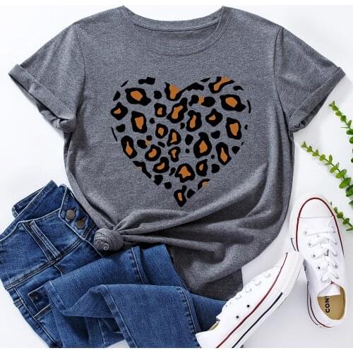 Leopard Heart Love Womens Graphic Tees 100%Cotton Short Sleeve Crew Neck Loose T Shirt Tops Female Summer Casual Clothes