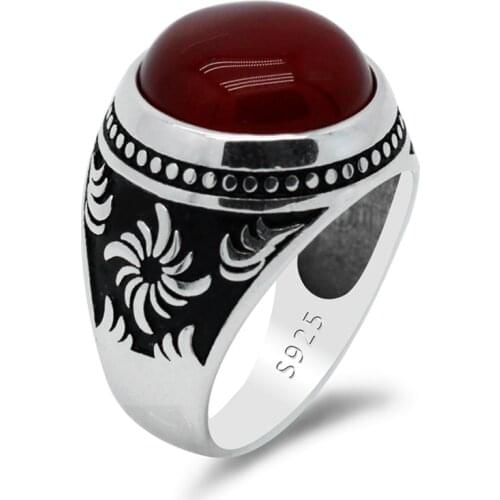 Vintage Men Ring 925 Sterling Silver Islamic Muslim with Red Agate Stone Male Rings Retro Whirlwind Design Turkish Jewelry Gift