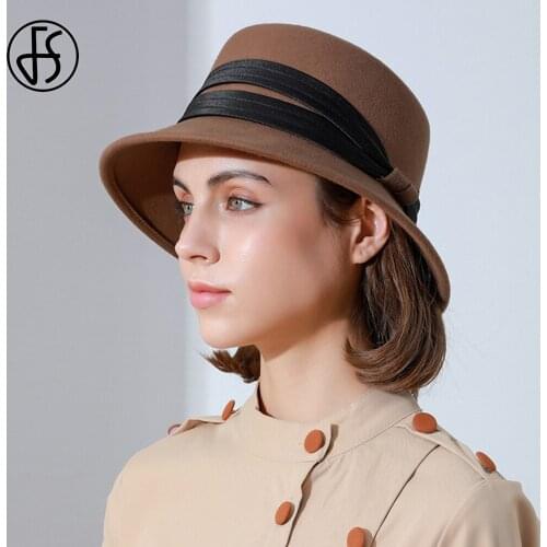 FS Japanese Style Wool Felt Flat-top Fedora Hats For Women Autumn Winter Church Cloche Derby Hat Fedoras Bowler Cap With Ribbon