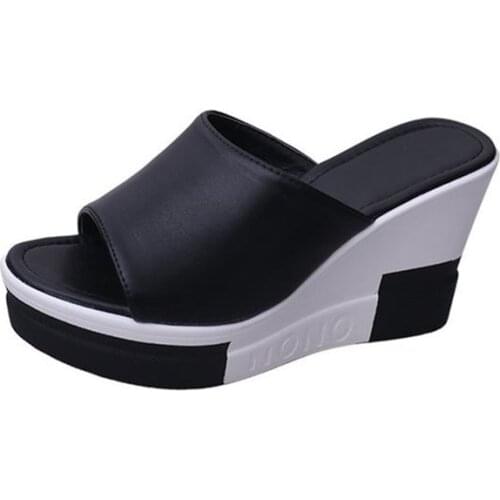 Slope with Thick Sole Female Summer Slippers 2019 Casual Elegant Fish Mouth High Heels PU Wedge Slippers Wedge Sandals Flip Flop