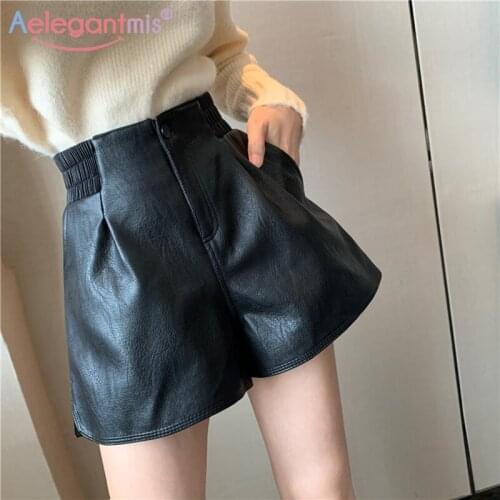 Aelegantmis Spring Loose Faux Leather Shorts Women High Waist Wide Leg PU Shorts Casual Elegant Shorts Korean Elastic Waist Chic