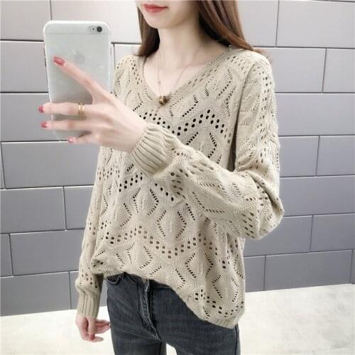 Autumn 2021 Ladies V-neck Hollow Long Sleeve Knitwear Ladies Short Fashion Loose Harajuku Knitting Tops Lady Thin Knit Jumper