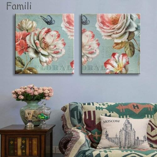 2pcs/set Light blue vintage floral roses butterfly painting canvas pictures for living room bedroom home decor wall art office