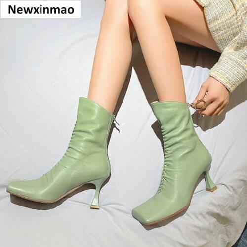 2021 New Elegant Back Zipper Ankle Boots Genuine Leather Winter Square Toe High Heels Pumps 2021 New Arrival Wedding Shoes Woman