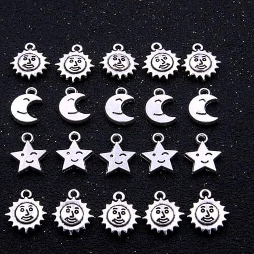 30Pcs 3 Styles Moon Sun Star Mix Sizes Charms Natural Pendant New Metal Zinc Alloy Fit Jewelry Makings DIY Handmade Craft