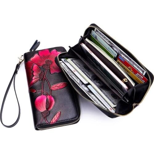 8PCS / LOT Women Long Leather Zipper Wallet RFID Fashion Lady wallet Flower Vintage Floral Wallet