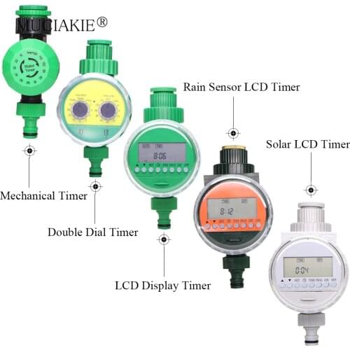 MUCIAKIE 5 Types of Garden Water Timer Rain Sensor Solar LCD Double Dial Controller Watering Irrigation 1/2'' 3/4'' Tap Joint
