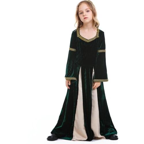 Kids Children 12 th Century Vintage Cosplay Costume Dress Dark Green Court One-piece Skirt Outfits Halloween Carnival Suit